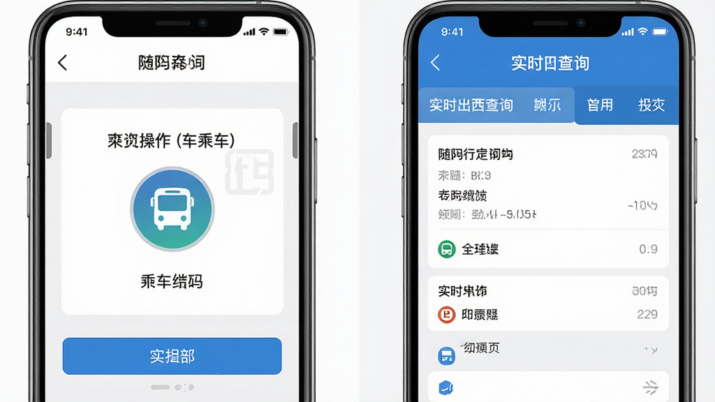 随申行移动端操作界面截图,手机屏幕展示乘车码页面和实时公交查询页面并排对比,界面清晰标注各个功能按钮位置,背景为简洁的白色和浅灰色,风格实用清晰,排版规整,画质高清干净,无多余元素