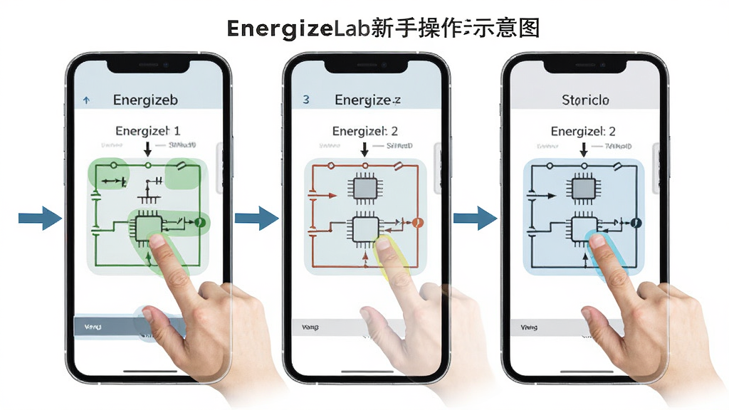 EnergizeLab新手操作示意图,手机屏幕显示拖拽元件与连接导线的步骤分解,主体为操作手势与电路图,布局分步展示,排版清晰,风格为教程图解风,细节包含箭头指引与高亮区域,画质高清,干净,无多余元素