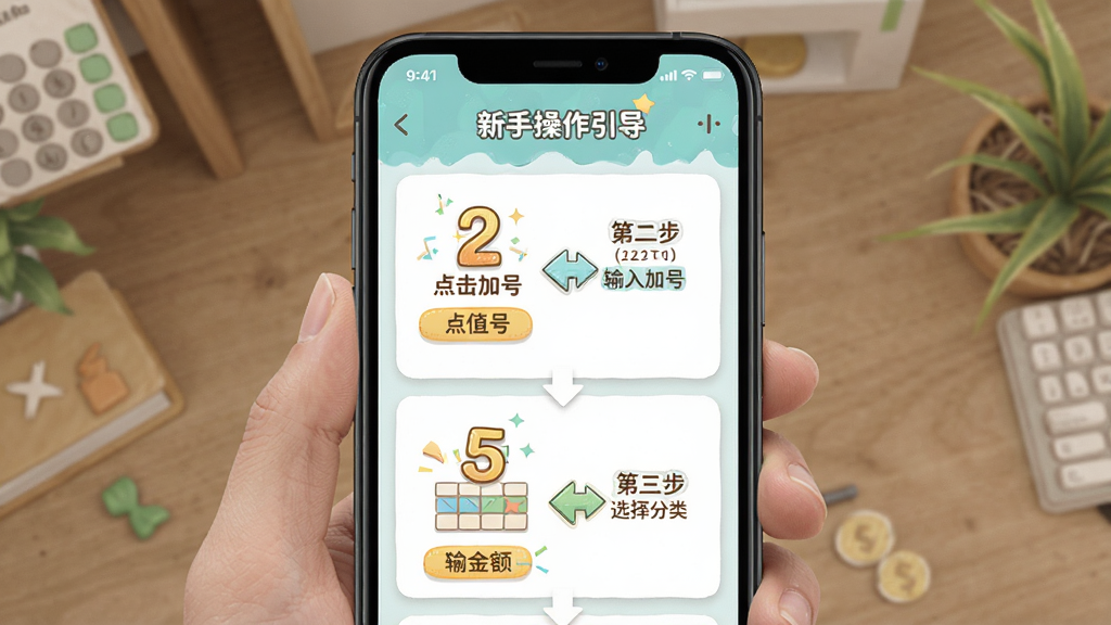 金值记账新手操作引导界面,手机屏幕显示分步教程卡片,包含