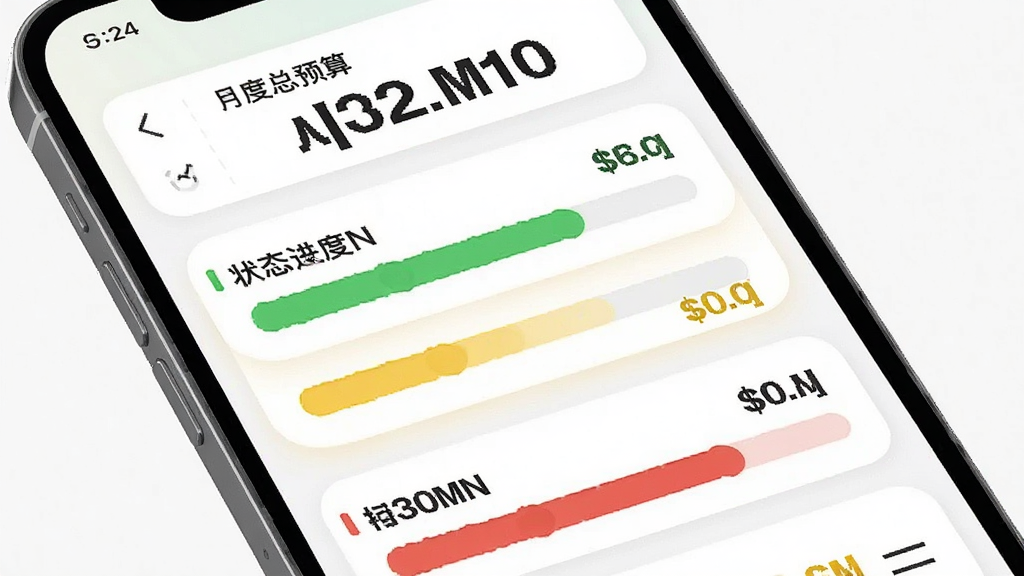金值记账预算管理界面,手机屏幕显示多个分类的预算进度条,绿色、黄色、红色分别代表不同状态,顶部有月度总预算数字,界面风格为卡片式列表,细节上进度条圆润、颜色醒目、数字加粗,画质清晰,干净,无多余元素