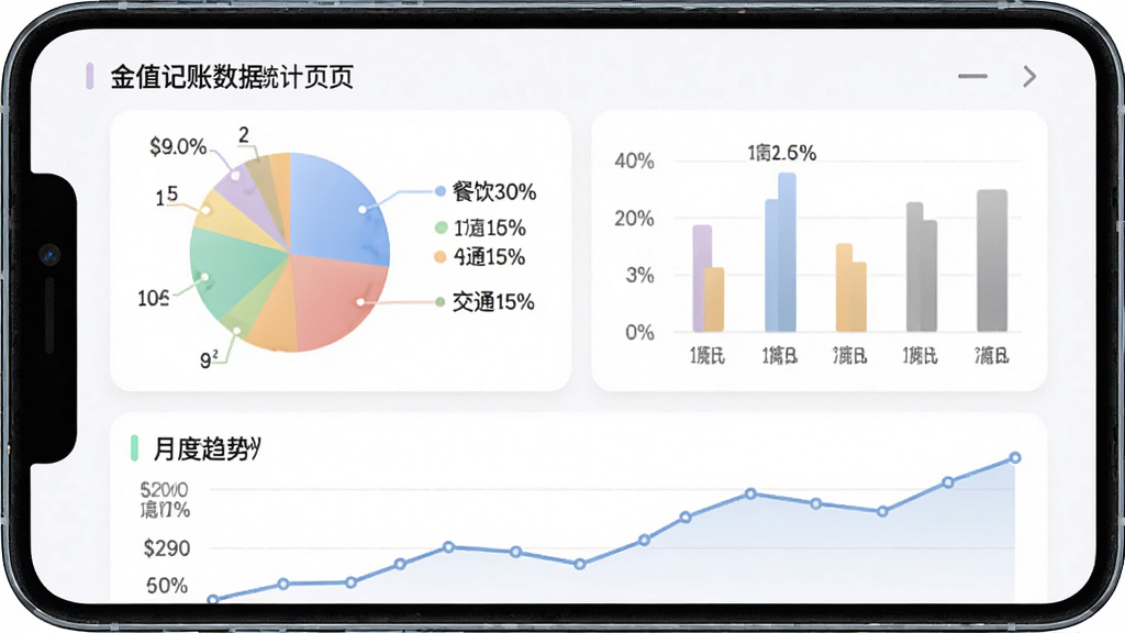 金值记账数据统计页面,手机屏幕显示彩色饼状图和柱状图,图表旁边标注着