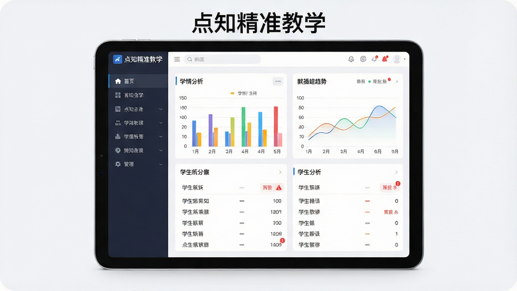 一张展示点知精准教学软件界面的全景图,画面主体为平板电脑屏幕显示学情分析仪表盘,布局采用左侧导航栏加右侧数据卡片的方式,排版整齐,风格为现代简约商务风,细节包括彩色柱状图、折线趋势图、学生名单列表与红色预警标记,屏幕上方有“点知精准教学”字样,画质高清,画面干净,无多余元素