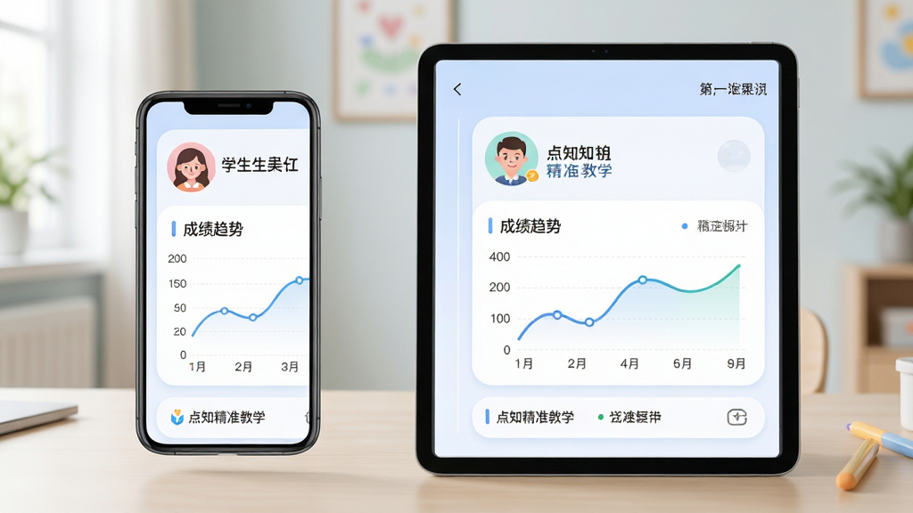 一个家校互通场景,画面主体为手机与平板电脑并排显示学情报告页面,布局左右对称,排版简洁,风格为柔和圆角卡片风,细节包括家长头像、学生姓名、成绩趋势折线图与“点知精准教学”标志,画质高清,画面干净,无多余元素