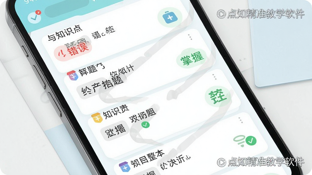 一个个性化错题本界面场景,画面主体为手机屏幕显示错题列表与知识点标签,布局采用上下滚动式卡片排列,排版清晰,风格为清新浅色教育风,细节包括红色错误标记、绿色掌握标记、学科图标与“点知精准教学”软件名称水印,画质干净,无多余元素