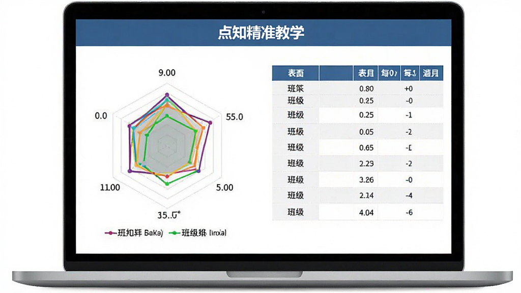 一个多班级数据对比场景,画面主体为笔记本电脑屏幕显示雷达图与表格并列布局,排版左图右表,风格为商务简约,细节包括不同颜色的班级曲线、数值标签、图例说明以及“点知精准教学”标题栏,画质清晰,画面干净,无多余元素