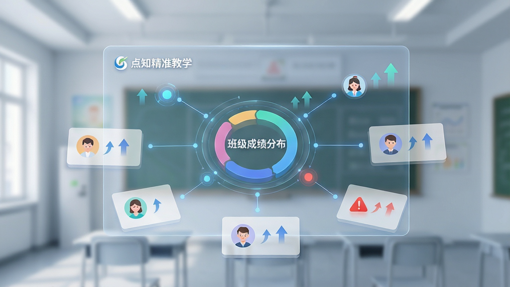 一个智能教学数据看板场景,画面主体为悬浮在空中的半透明数据面板,面板上显示“点知精准教学”标志与班级成绩分布环形图,布局以中心辐射式排列,排版强调数据卡片与连接线,风格为科技感扁平化设计,细节包括发光的数据节点、学生头像小图标、上升箭头与红色警示点,画质清晰,画面干净,无多余元素