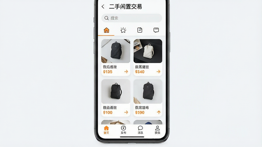 手机屏幕中央展示“二手闲置交易”应用主界面,上方是搜索框和分类图标,中间是两列商品卡片瀑布流,卡片上显示商品图片和价格标签,下方是底部导航栏包含首页、发布、消息、我的四个图标,整体布局干净整洁,背景为浅灰白色,风格为扁平化UI设计,细节包括商品卡片圆角、图标线性描边、价格文字用橙色突出,画质清晰,画面干净,无多余元素