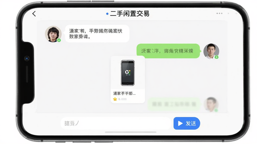 一部手机屏幕展示“二手闲置交易”的聊天界面,左侧是买家头像和消息气泡,右侧是卖家头像和消息气泡,中间有商品卡片缩略图,底部是输入框和发送按钮,界面风格为浅色主题、圆角气泡、蓝色发送按钮,背景干净,画质清晰,无多余元素