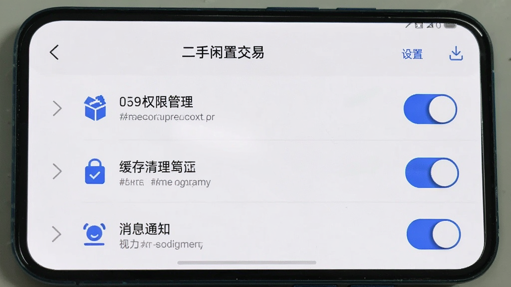 手机屏幕显示“二手闲置交易”的设置页面,包含权限管理、缓存清理、消息通知等选项,界面风格简洁,白色背景,蓝色开关按钮,列表项有图标和文字说明,画质清晰,干净无多余元素
