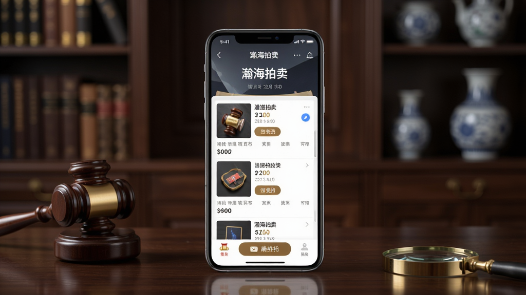 画面主体为一部智能手机,手机屏幕显示“瀚海拍卖”APP的首页界面,界面中包含拍卖品列表和竞拍按钮;布局为手机居中放置于深色木质桌面,背景为模糊的古典书房场景,有书架和瓷器摆件;排版为竖版构图,手机屏幕内容清晰可见;风格为写实商务风格,色调沉稳;细节为手机屏幕有轻微反光,桌面有拍卖槌和放大镜;画质为高清4K,干净,无多余元素