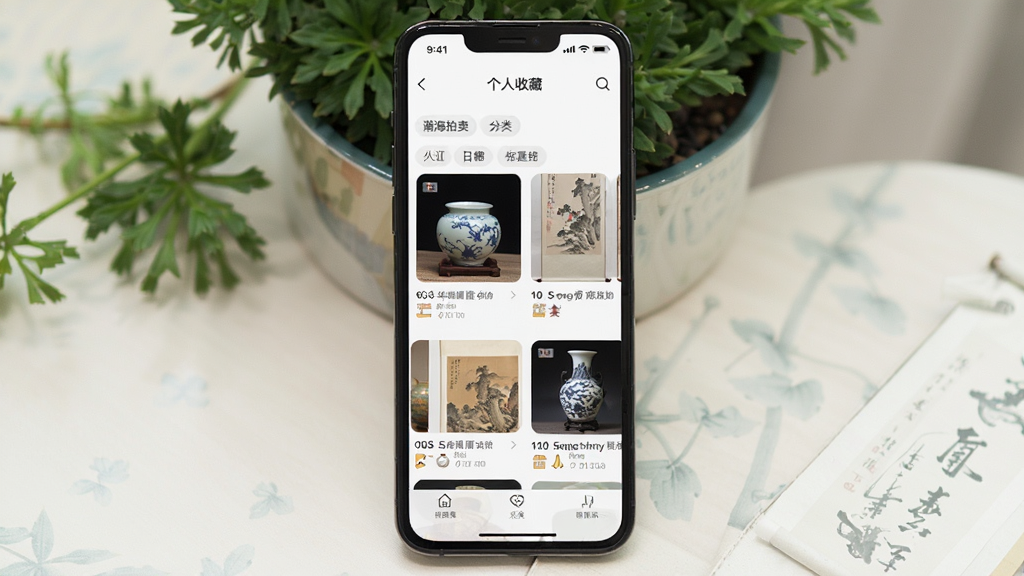 画面主体为手机屏幕显示“瀚海拍卖”个人收藏页面,页面中有多件藏品缩略图排列;布局为手机平放于桌面,背景有绿植;排版为竖版构图;风格为清新生活风格;细节为缩略图有瓷器、书画等不同品类,页面有分类标签;画质为高清,干净,无多余元素