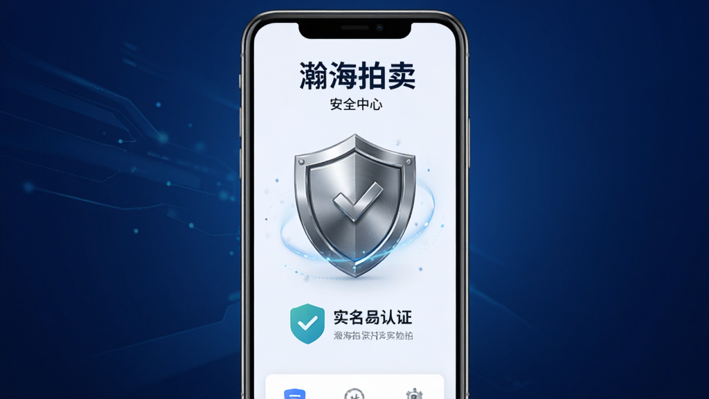 画面主体为手机屏幕显示“瀚海拍卖”安全中心页面,页面中有盾牌图标和实名认证标识;布局为手机居中,背景为深蓝色渐变;排版为竖版构图;风格为科技安全风格;细节为盾牌有金属质感,认证标识有对勾;画质为高清,干净,无多余元素