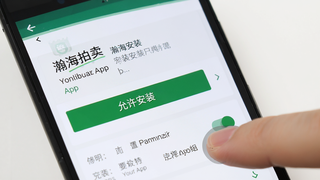 画面主体为一部安卓手机展示“瀚海拍卖”APP的安装界面和权限设置页面;布局为手机屏幕特写,旁边有手指点击屏幕的示意;排版为竖版构图;风格为教程演示风格;细节为屏幕上有“允许安装”按钮和权限开关;画质为高清,干净,无多余元素