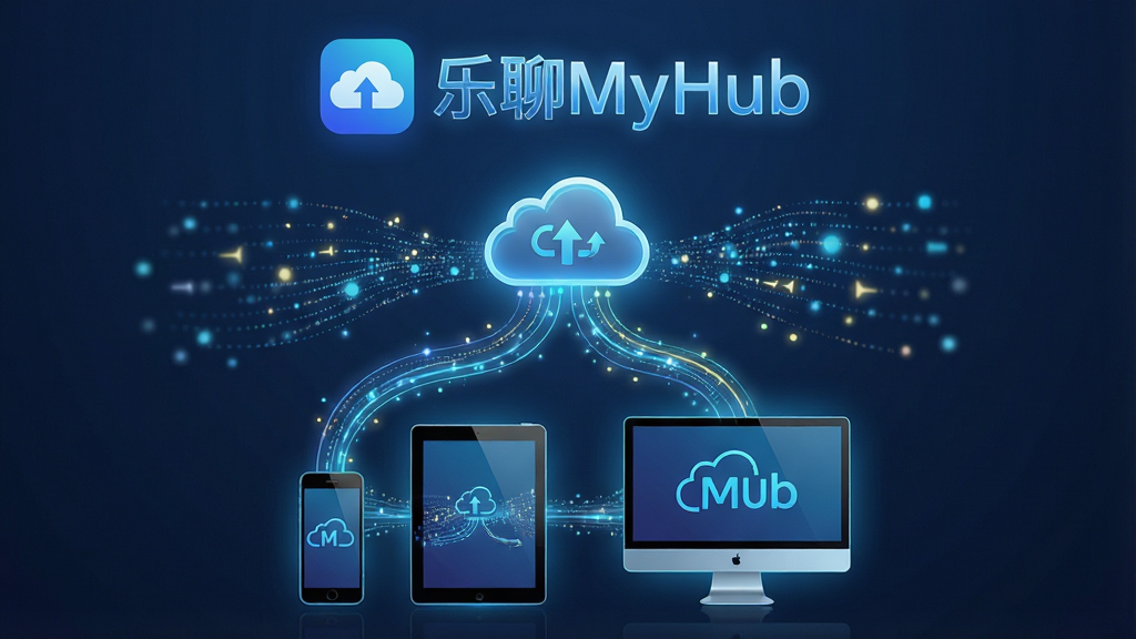 一张展示云端数据同步概念的科技感图片,画面中“乐聊MyHub”的文字标识位于上方,下方是手机、平板和电脑三个设备通过发光的线条连接到一朵云彩图标,布局为三角形稳定构图,风格为简约科技风,细节包括流动的数据光点和设备轮廓,画质清晰锐利,背景干净无杂物