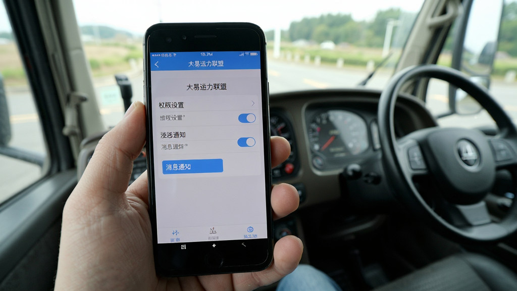 大易运力联盟安卓手机操作界面特写,展示权限设置页面与消息通知开关,画面以手持手机实拍视角呈现,背景为驾驶室环境,风格写实,细节清晰,画质干净