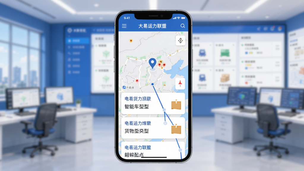 大易运力联盟应用界面展示智能车货匹配功能,手机屏幕中央显示地图定位与多条货源信息卡片,卡片上标注起点终点与货物类型,背景为简洁的蓝白配色物流调度中心,风格为扁平化UI设计展示图,细节清晰,画质干净