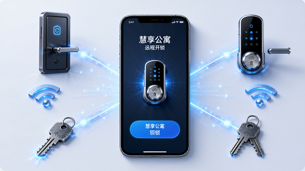 画面以手机为中心,手机屏幕显示慧享公寓远程开锁界面,周围环绕公寓门、智能锁、无线网络信号、钥匙等元素,布局采用中心放射式,手机位于画面正中,四周元素均匀分布,风格为现代科技感,细节上突出蓝色光效与界面按钮,画质高清,干净,无多余元素