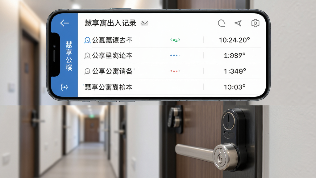 画面以手机界面展示慧享公寓出入记录列表为主体,背景为公寓走廊与门锁虚化场景,布局采用上下结构,上方为手机界面截图,下方为走廊与门锁元素,风格为商务简约,细节上突出记录列表与时间戳,画质高清,干净,无多余元素