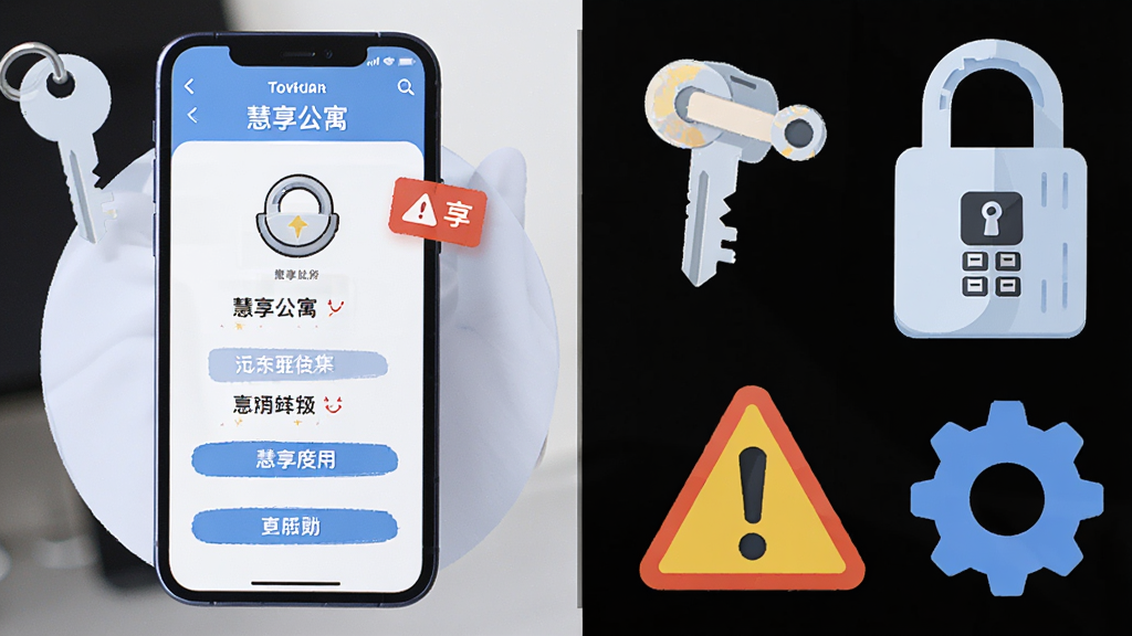 画面主体为手机屏幕展示慧享公寓操作界面,周围环绕钥匙、密码锁、警告图标、齿轮等元素,布局采用左右分栏,左侧为手机界面,右侧为图标组合,风格为扁平化插画,细节上突出红色警告与蓝色提示元素,画质高清,干净,无多余元素