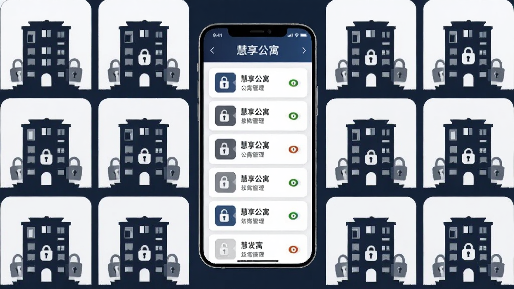 画面主体为手机屏幕展示慧享公寓多公寓管理列表,周围环绕多栋公寓楼剪影与门锁图标,布局采用网格状排列,手机位于中央,四周公寓楼与门锁均匀分布,风格为现代商务,细节上突出列表卡片与建筑轮廓,画质高清,干净,无多余元素
