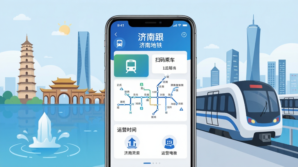 济南地铁APP主界面展示,画面中央是一部智能手机,屏幕显示济南地铁官方应用首页,包含扫码乘车、线路图、运营时间等功能入口,背景为济南城市地标与地铁列车,布局简洁清晰,排版层次分明,风格为现代科技感扁平化设计,细节包含地铁图标、泉城元素、蓝色主色调,画质高清干净无多余元素