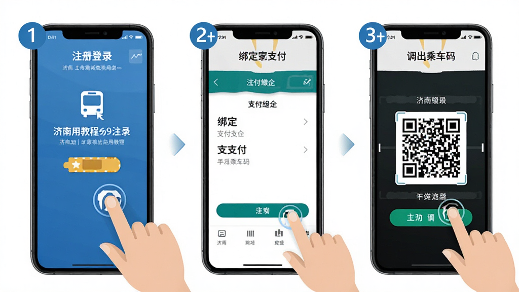 济南地铁APP使用教程示意图,画面为手机屏幕分步展示注册登录、绑定支付、调出乘车码的操作流程,布局以三步骤横向排列,排版清晰标注每一步骤序号,风格为扁平化教程图解,细节包含手指点击图标、支付绑定界面、二维码展示,画质高清干净无多余元素