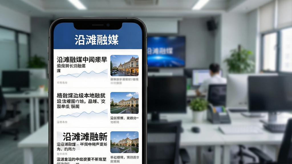 一张展示沿滩融媒新闻资讯功能的图片,画面主体是手机屏幕显示多条沿滩本地新闻标题和缩略图,屏幕上方有“沿滩融媒”文字标识,背景为虚化的编辑室场景,布局简洁明了,风格现代商务,细节丰富,画质清晰,干净无多余元素