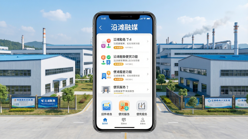 一张展示沿滩融媒便民服务功能的图片,画面中央是手机屏幕显示招聘信息列表和便民服务图标,屏幕上有“沿滩融媒”字样,背景是沿滩工业园区的现代化厂房,布局清晰,风格简洁实用,细节到位,画质高清,干净无多余元素