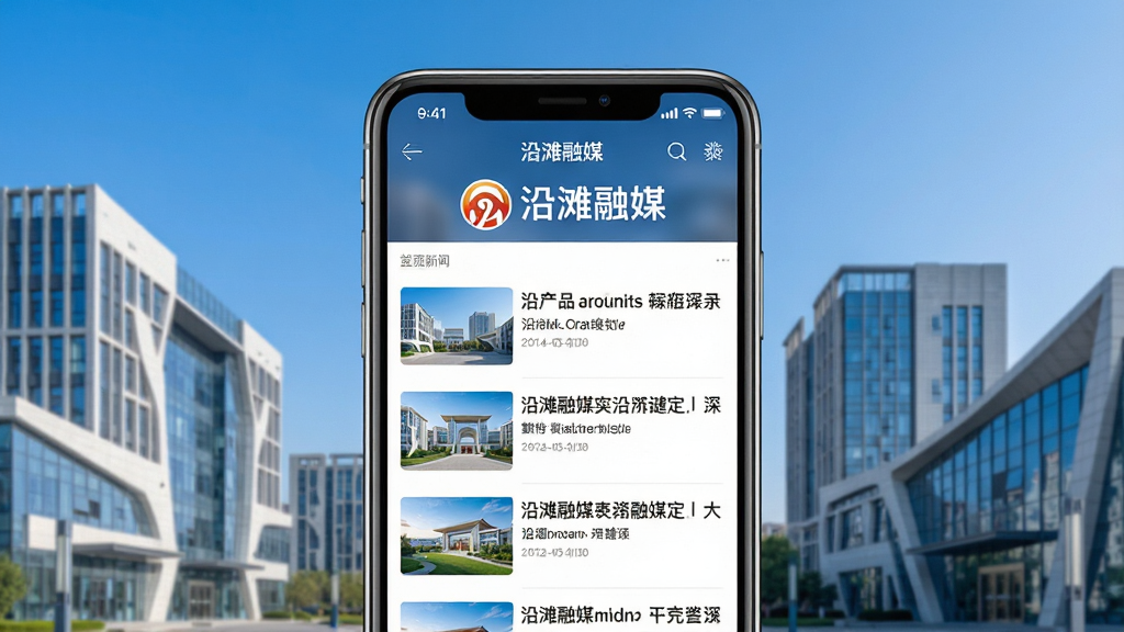 一张展示沿滩融媒手机应用界面的主图,画面中央是手机屏幕,屏幕上显示沿滩融媒的首页新闻列表,包含沿滩融媒的logo和名称文字,背景是沿滩城区的现代建筑和蓝天,布局居中对称,风格简洁商务,细节清晰,画质高清,干净无多余元素