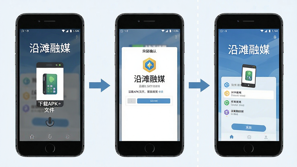 一张展示沿滩融媒安装步骤的示意图,画面分为三个区域,左侧显示下载APK文件,中间显示安装确认界面,右侧显示应用启动首页,屏幕上有“沿滩融媒”文字标识,布局从左到右递进,风格扁平化教程风,细节清晰,画质高清,干净无多余元素