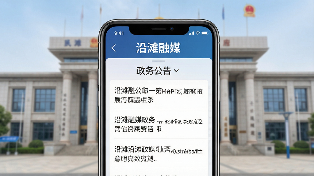 一张展示沿滩融媒政务发布功能的图片,画面中央是手机屏幕显示政务公告列表,屏幕上有“沿滩融媒”文字,背景是沿滩区政府办公大楼,布局庄重简洁,风格正式商务,细节清晰,画质高清,干净无多余元素