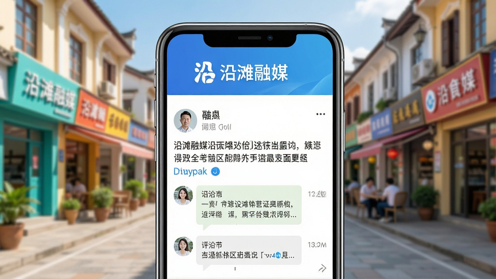 一张展示沿滩融媒社区互动功能的图片,画面主体是手机屏幕显示用户发帖和评论界面,屏幕上方有“沿滩融媒”标识,背景是沿滩最美街道的街景,布局活泼有序,风格清新自然,细节生动,画质清晰,干净无多余元素