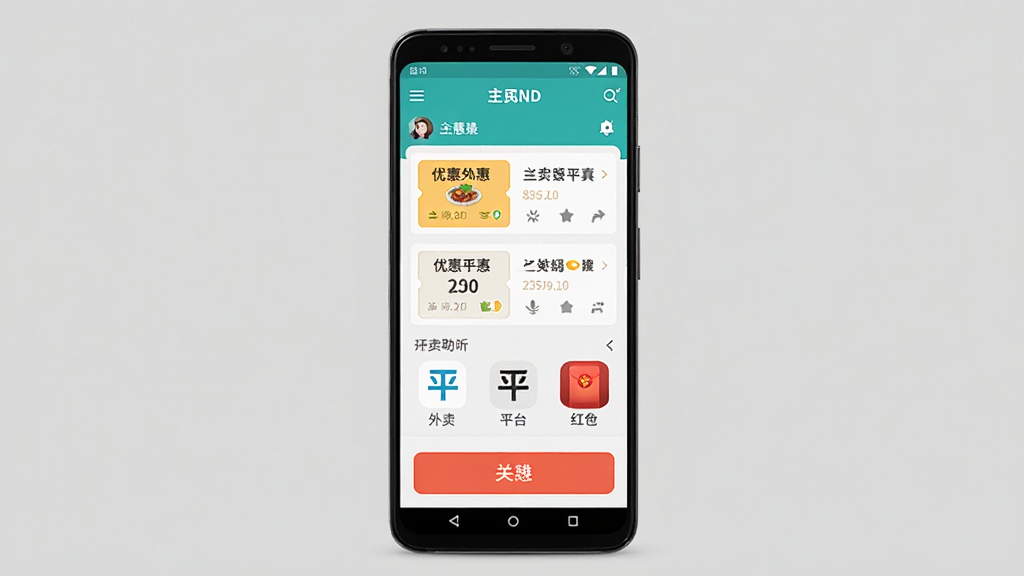 外卖省钱特惠助手软件主界面展示,主体为一部安卓手机屏幕,布局居中显示应用首页,排版简洁清晰,风格为现代扁平化UI设计,细节包括优惠券列表、外卖平台图标、红包按钮等元素,画质高清干净无多余元素