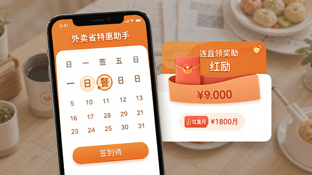 外卖省钱特惠助手签到领红包功能界面,主体为手机屏幕展示签到日历和红包奖励弹窗,布局为上下结构,排版活泼明快,风格为温暖橙色调设计,细节包括签到按钮、连续签到天数、红包金额等元素,画质高清干净无多余元素