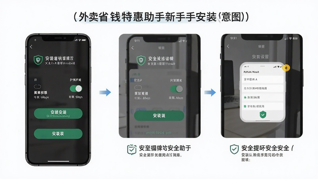 外卖省钱特惠助手新手安装步骤示意图,主体为手机屏幕展示安装权限设置界面,布局为分步图解形式,排版清晰直观,风格为简约商务风,细节包括权限开关、安装按钮、安全提示文字等元素,画质高清干净无多余元素