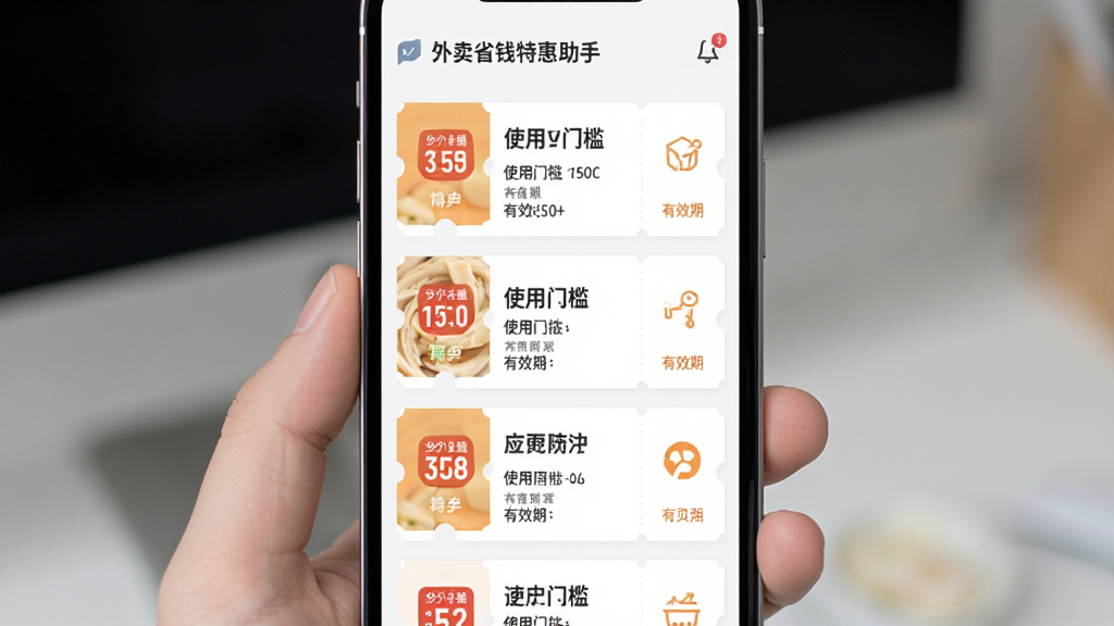 外卖省钱特惠助手优惠券聚合页面,主体为手机屏幕展示多张外卖优惠券卡片,布局为纵向列表排列,排版整齐有序,风格为清新浅色系设计,细节包括券面金额、使用门槛、有效期等文字信息,画质高清干净无多余元素
