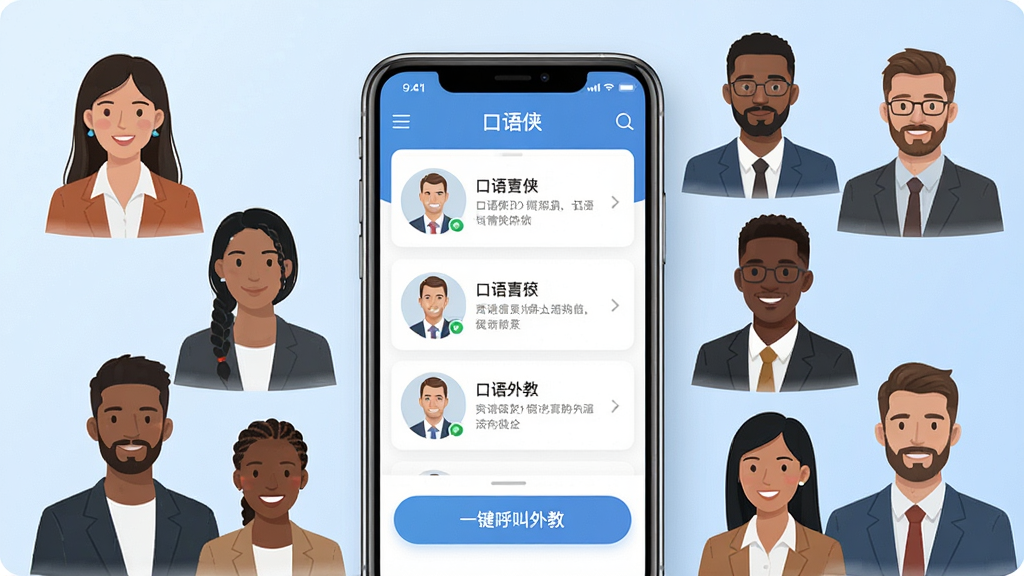一张展示口语侠APP核心界面的宣传图,画面中央是一部智能手机,手机屏幕上显示口语侠APP的首页,包含外教头像列表和“一键呼叫外教”按钮,手机周围环绕着不同国家的外教人物插画,背景是柔和的浅蓝色渐变,整体风格清新现代,排版简洁,细节丰富,画质高清干净,无多余元素
