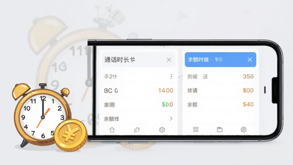 口语侠APP计费界面展示图,手机屏幕显示通话时长统计和余额明细,界面设计简洁清晰,旁边有一个卡通时钟和金币图标作为装饰,背景为浅灰色,风格简约商务,排版整齐,画质高清干净,无多余元素