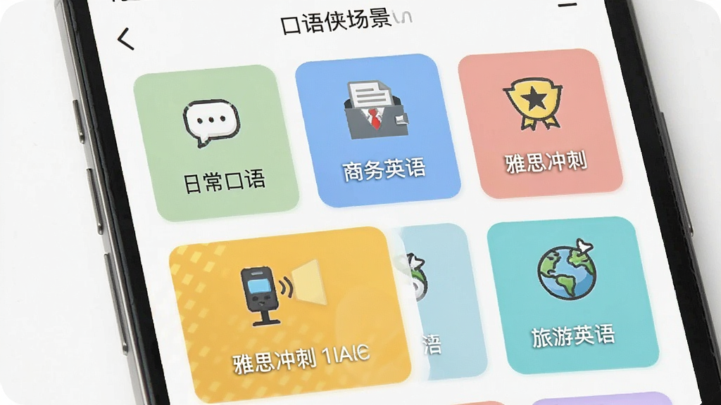 口语侠课程场景选择界面,手机屏幕显示多个课程分类卡片,包括“日常口语”“商务英语”“雅思冲刺”“旅游英语”等标签,每张卡片配有对应的小图标,背景为白色,风格清新浅色,排版规整,细节清晰,画质干净,无多余元素