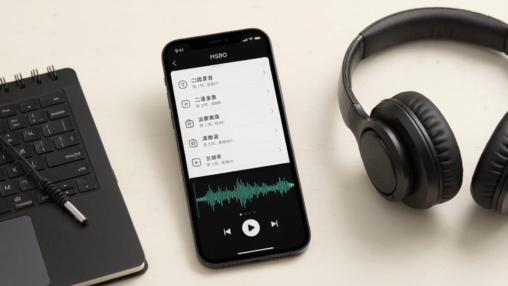 口语侠通话录音回放功能展示,手机屏幕显示录音列表和播放波形图,旁边有笔记本和耳机作为场景道具,背景为柔和的米白色,风格素雅极简,排版清晰,画质高清干净,无多余元素