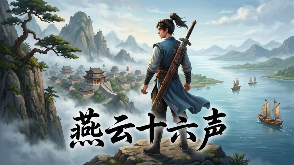 一幅以中国武侠开放世界为主题的数字插画,画面主体是一位身着宋代风格劲装、背负长剑的年轻侠客,站立在云雾缭绕的山巅,远眺层峦叠嶂与古色古香的城镇。画面布局采用远景与近景结合,左侧为陡峭山崖与松树,右侧为开阔的江湖水面与帆船。排版上画面中央偏下位置用毛笔书法字体写着“燕云十六声”四个大字。整体风格为写实武侠风,细节包括衣袂飘动、剑鞘纹理、山石质感与水面波纹。画质高清,色彩层次丰富,画面干净无多余元素。