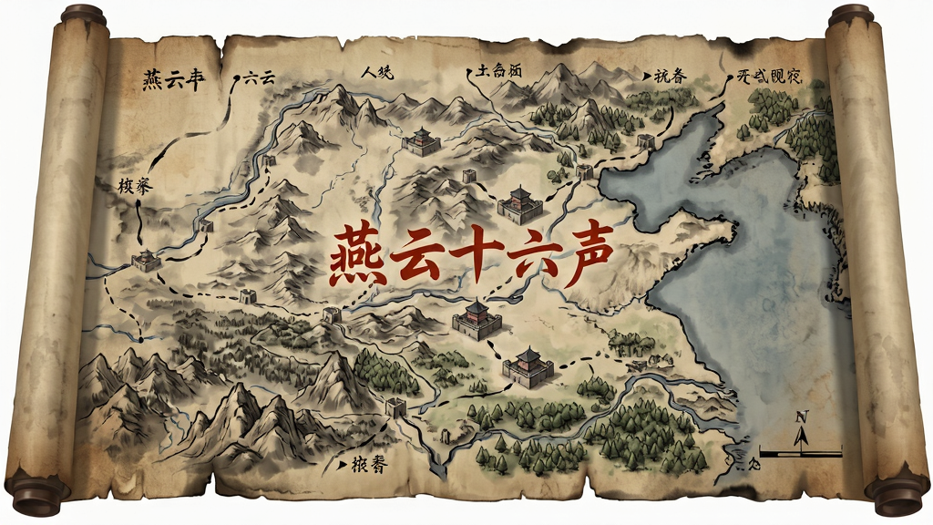 一幅展示燕云十六声开放世界地图的数字插画,画面主体为一张展开的古代羊皮卷轴地图,地图上绘制了山川、河流、城池、关隘与密林。布局采用俯视视角,地图四周有毛笔标注的地名与路线。排版上地图中央用朱砂色标注“燕云十六声”字样。风格为古风水墨与写实结合的插画,细节包括卷轴边缘的磨损质感、墨迹晕染效果与地形起伏的阴影。画质高清,画面干净,无多余装饰元素。