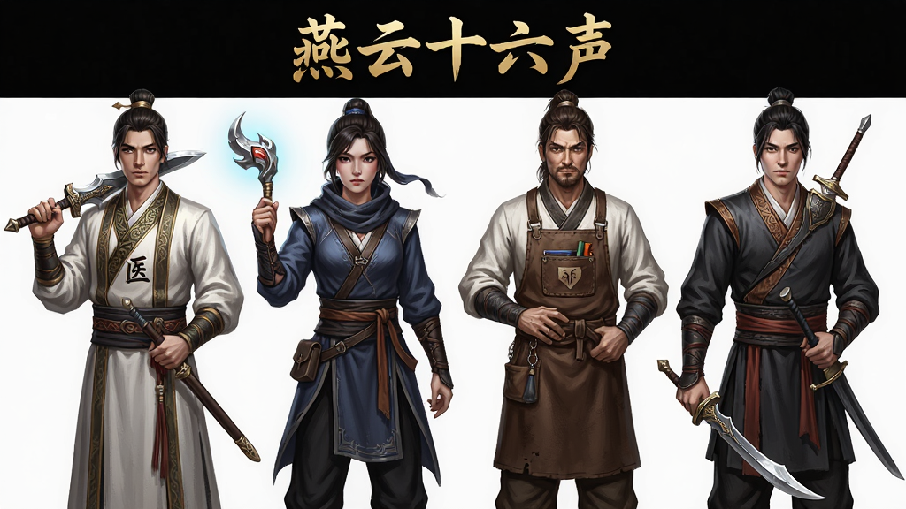 一幅描绘燕云十六声多身份成长系统的数字插画,画面主体为四位不同装扮的侠客角色并排站立,分别代表医者、刺客、工匠与剑客。布局采用横向排列,每位角色手持对应道具或武器。排版上画面顶部用金色字体写着“燕云十六声”字样。风格为写实武侠角色设定图,细节包括服饰纹样、武器质感与人物神态。画质高清,背景简洁,画面干净无多余元素。
