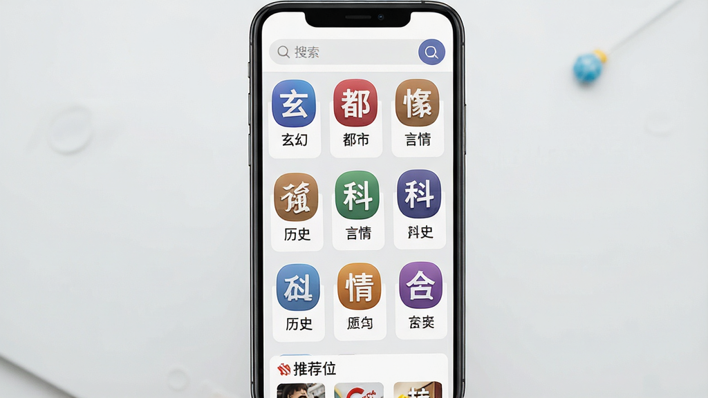 一张天天追书免费小说书库分类页面的场景图,画面主体为一部手机屏幕,屏幕内展示多个小说分类入口,包括玄幻、都市、言情、历史、科幻等彩色图标,图标排列整齐,背景为浅灰色,布局采用网格排版,风格清新简洁,细节包括每个分类图标下方的文字标签、顶部搜索栏、底部推荐位,画质清晰,画面干净,无多余元素。