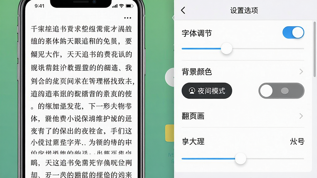 一张天天追书免费小说阅读界面与设置选项的合成示意图,画面左侧为手机阅读界面显示小说正文,右侧为设置面板展示字体调节、背景颜色、翻页动画等选项,布局采用左右分栏排版,风格简约清晰,细节包括护眼模式开关、夜间模式切换按钮、字体大小滑块,画质高清,画面干净,无多余元素。