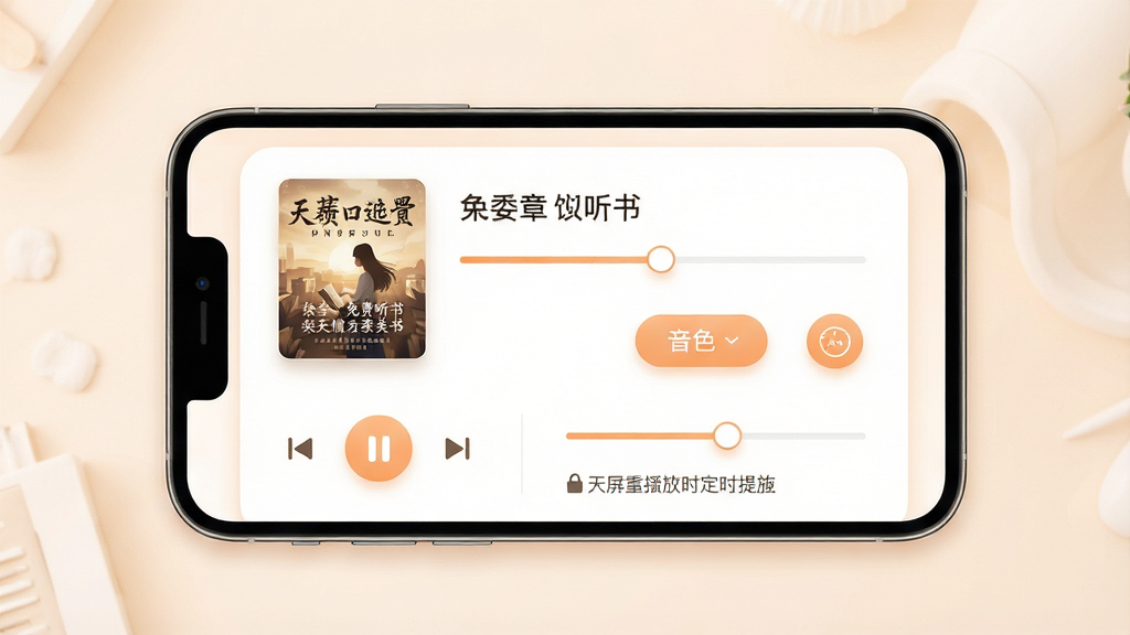一张天天追书免费小说听书功能界面的展示图,画面中心为手机屏幕,屏幕内显示正在播放的听书界面,包含小说封面、章节名称、播放进度条、音色选择按钮和定时关闭图标,界面风格柔和温暖,采用浅橙色与白色搭配,布局简洁明了,细节包括播放控制按钮、语速调节滑块、锁屏播放提示,画质高清,画面干净,无多余元素。