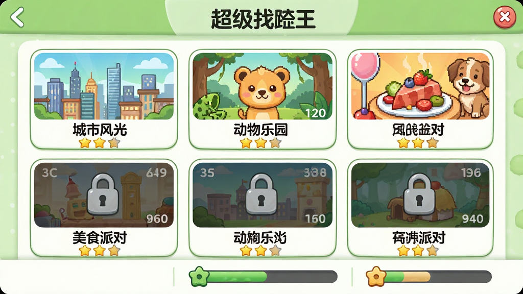 超级找茬王游戏内关卡选择界面,画面以网格形式展示多个主题关卡缩略图,包含“城市风光”“动物乐园”“美食派对”等标签,每个缩略图上标注有关卡编号与星级评价,界面风格清新卡通,布局整齐,主色调为浅绿与白色,细节包含锁定的关卡图标与解锁进度条,画质高清,干净,无多余元素