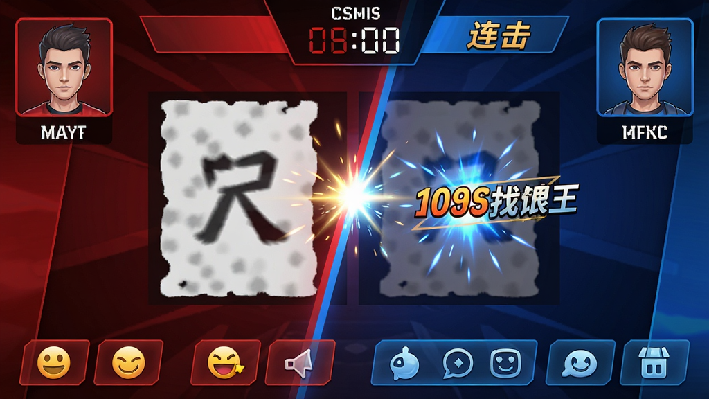 超级找茬王实时对战界面,画面左右两侧分别显示两位玩家的头像与得分,中间为找茬图片区域,上方有倒计时与连击提示,底部有表情互动按钮,风格竞技感强,布局对称,主色调为红蓝对抗配色,细节包含连击特效与得分飘字,画质高清,干净,无多余元素