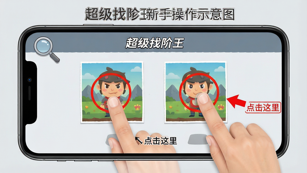 超级找茬王新手操作示意图,画面展示手机屏幕中游戏关卡界面,用手指点击两幅图片中的差异位置,旁边有红色圆圈标注与“点击这里”的指示箭头,背景为简洁的浅灰色,风格为教程图解,布局清晰,细节包含放大镜图标与提示文字,画质高清,干净,无多余元素