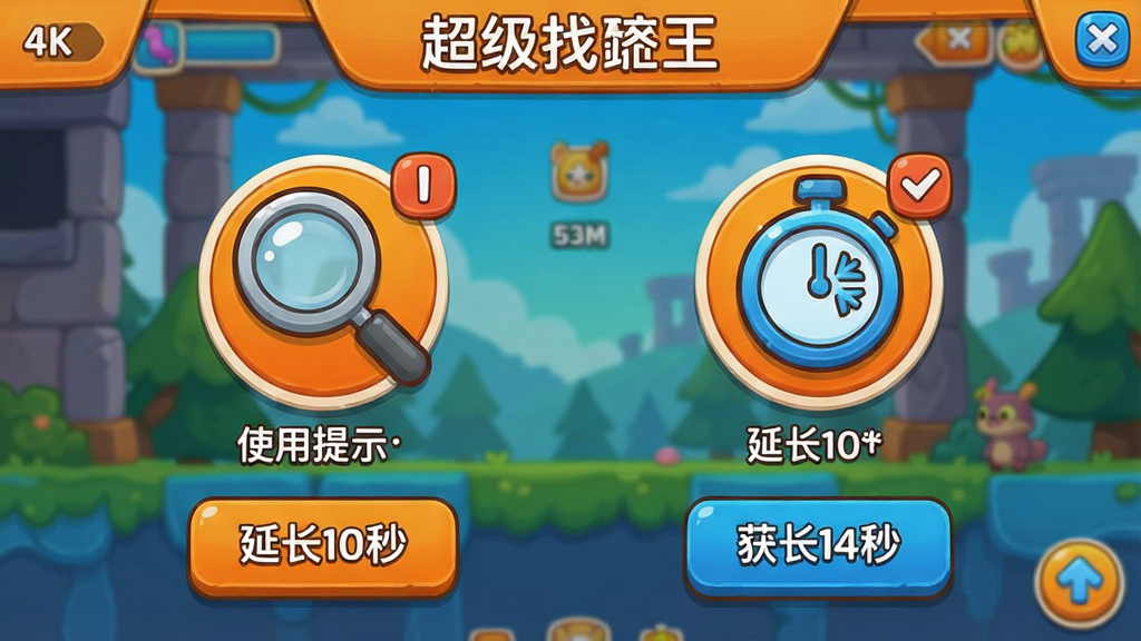 超级找茬王游戏内道具使用界面,画面展示一个放大镜图标与时间冻结图标,周围有“使用提示”“延长10秒”等按钮,背景为游戏关卡画面,风格卡通休闲,布局简洁,主色调为橙色与蓝色,细节包含道具数量角标与获取途径说明,画质高清,干净,无多余元素